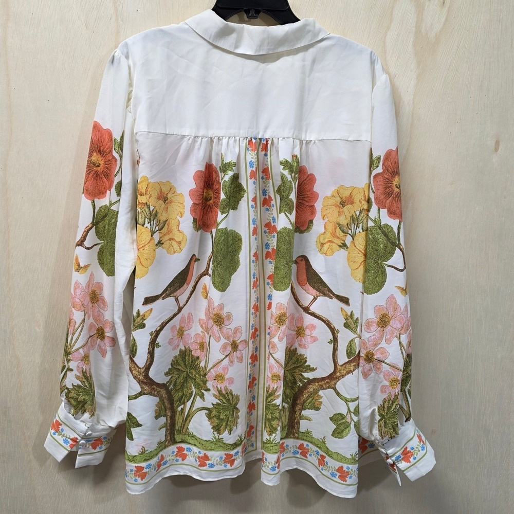 Rose + Olive Floral Bird Print Button Down Blouse White Plus 3X Long Sleeve - Picture 3 of 16